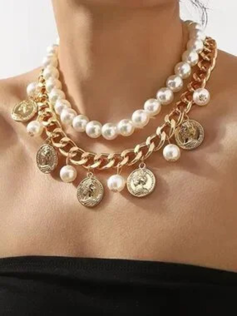 Anthropologie Gold and White Layered Coin & Pearl Necklace
